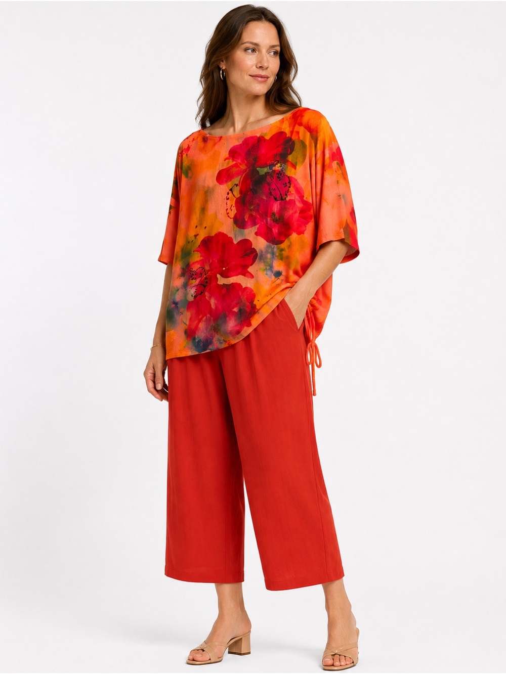 Bright Orange Floral Top & Red Wide-Leg Pants Pantsuit Set